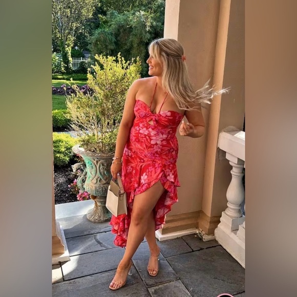 Amanda Uprichard 🌸 Floral Ruffle Halter Estrada Dress in Azalea Size Large - Picture 7 of 16